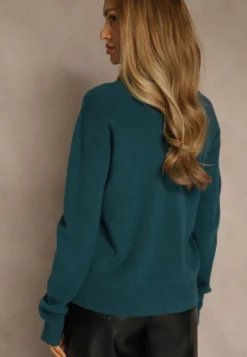 Niebieski Sweter z Wełną i Wiskozą z Trójkątnym Dekoltem Kaitte