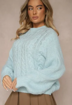 Niebieski Sweter z Wełną o Eleganckim Warkoczowym Splotem Makkaria