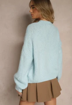 Niebieski Sweter z Wełną o Eleganckim Warkoczowym Splotem Makkaria