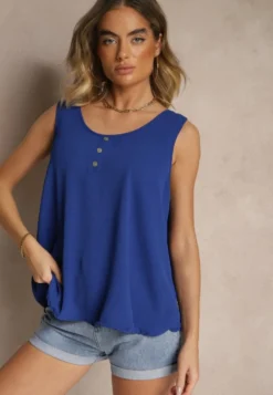 Niebieski Top z Bawełną Ozdobiony Guzikami Ulosiella