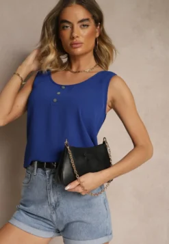 Niebieski Top z Bawełną Ozdobiony Guzikami Ulosiella