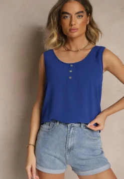 Niebieski Top z Bawełną Ozdobiony Guzikami Ulosiella