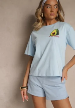 Niebieski T-shirt z Bawełną ze Wzorem Awokado Tilannia