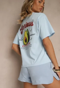 Niebieski T-shirt z Bawełną ze Wzorem Awokado Tilannia