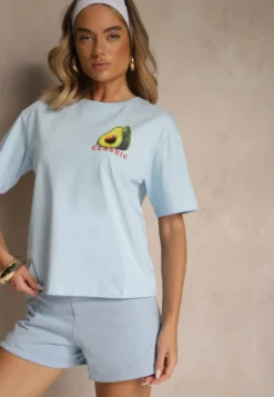 Niebieski T-shirt z Bawełną ze Wzorem Awokado Tilannia