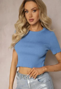 Niebieski T-shirt z Prążkowanej Dzianiny o Krótkim Kroju Poutia