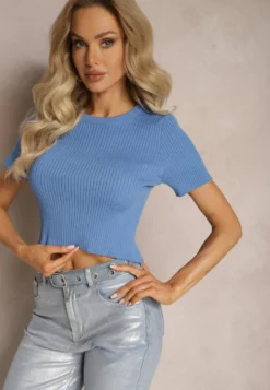 Niebieski T-shirt z Prążkowanej Dzianiny o Krótkim Kroju Poutia