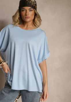 Niebieski T-shirt z Wiskozą o Fasonie Nietoperza Tanalitha