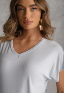 Niebieski Wiskozowy T-shirt z Dekoltem V Eupharis