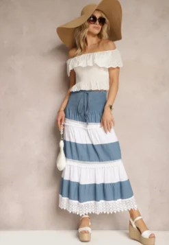 Niebiesko-Biała Spódnica z Bawełny w Stylu Boho z Gumką i Sznurkiem w Talii Uvinia