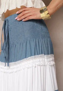 Niebiesko-Biała Spódnica z Bawełny w Stylu Boho z Gumką i Sznurkiem w Talii Uvinia