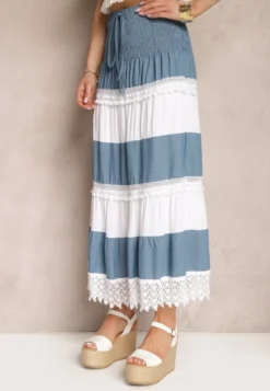 Niebiesko-Biała Spódnica z Bawełny w Stylu Boho z Gumką i Sznurkiem w Talii Uvinia