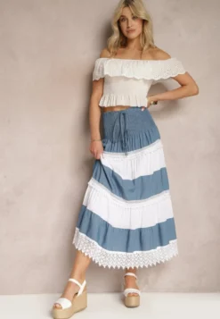 Niebiesko-Biała Spódnica z Bawełny w Stylu Boho z Gumką i Sznurkiem w Talii Uvinia