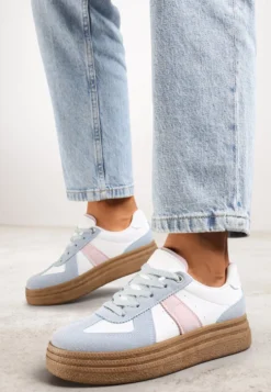 Niebiesko-Białe Sneakersy na Grubej Podeszwie z Ozdobnymi Przeszyciami Ysdole