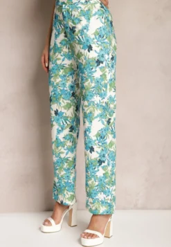 Niebiesko-Białe Spodnie w Kwiatowy Print High Waist z Szeroką Nogawką Lastaria