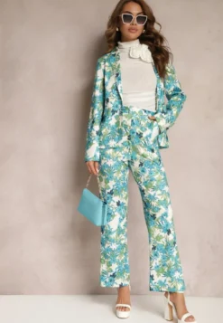 Niebiesko-Białe Spodnie w Kwiatowy Print High Waist z Szeroką Nogawką Lastaria