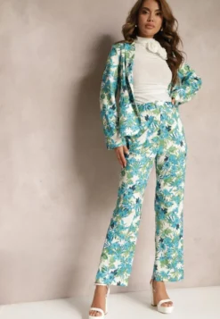 Niebiesko-Białe Spodnie w Kwiatowy Print High Waist z Szeroką Nogawką Lastaria