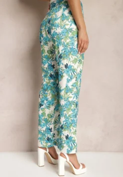 Niebiesko-Białe Spodnie w Kwiatowy Print High Waist z Szeroką Nogawką Lastaria