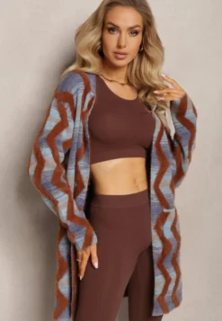 Niebiesko-Brązowy Luźny Kardigan Niezapinany w Geometryczny Print Sheshy