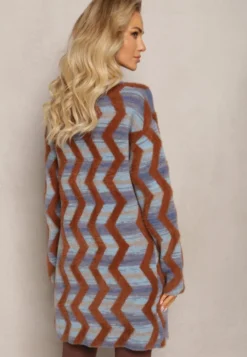 Niebiesko-Brązowy Luźny Kardigan Niezapinany w Geometryczny Print Sheshy
