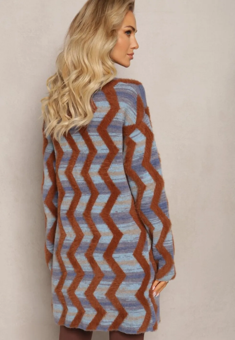 Niebiesko-Brązowy Luźny Kardigan Niezapinany w Geometryczny Print Sheshy