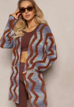 Niebiesko-Brązowy Luźny Kardigan Niezapinany w Geometryczny Print Sheshy