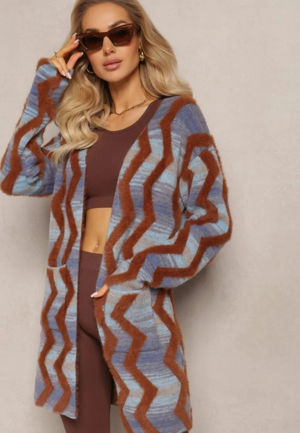 Niebiesko-Brązowy Luźny Kardigan Niezapinany w Geometryczny Print Sheshy