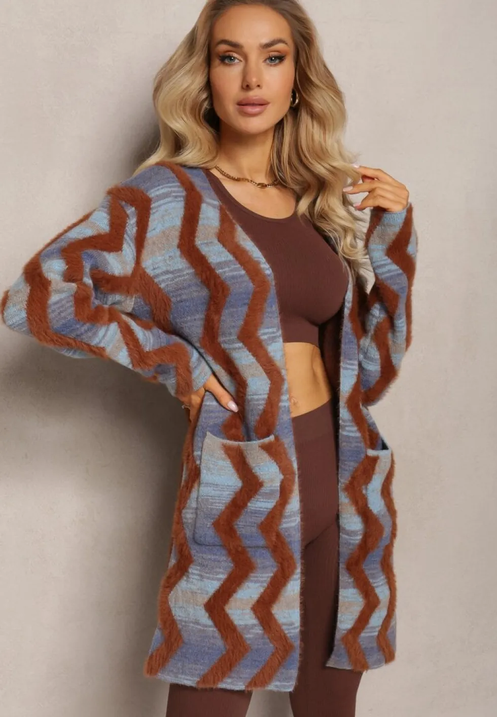 Niebiesko-Brązowy Luźny Kardigan Niezapinany w Geometryczny Print Sheshy