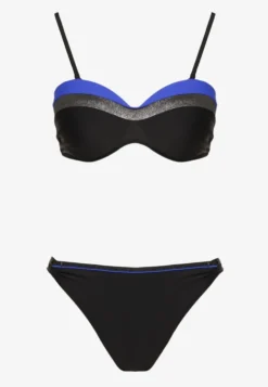 Niebiesko-Czarne Bikini z Metaliczną Nicią Usztywniany Biustonosz i Figi Mitelle