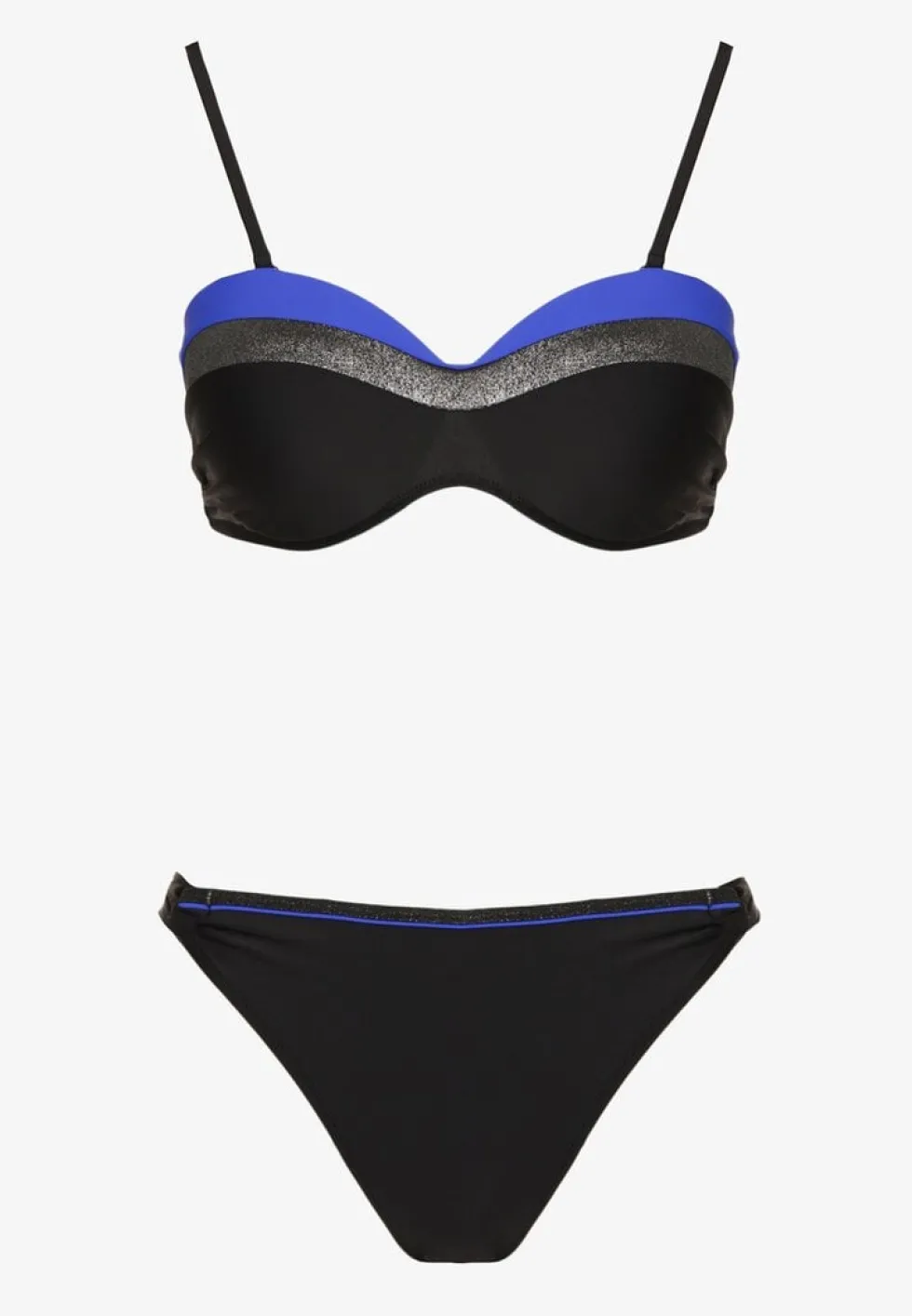 Niebiesko-Czarne Bikini z Metaliczną Nicią Usztywniany Biustonosz i Figi Mitelle