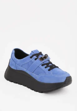 Niebiesko-Czarne Sneakersy ze Skóry Naturalnej na Platformie Zdobione Metalowym Zapięciem Jeannine