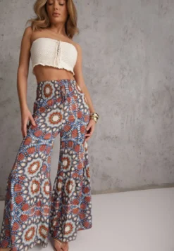 Niebiesko-Pomarańczowe Spodnie Typu Palazzo z Wiskozy High Waist z Gumką w Pasie Bistalia