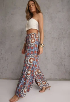 Niebiesko-Pomarańczowe Spodnie Typu Palazzo z Wiskozy High Waist z Gumką w Pasie Bistalia