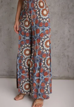 Niebiesko-Pomarańczowe Spodnie Typu Palazzo z Wiskozy High Waist z Gumką w Pasie Bistalia
