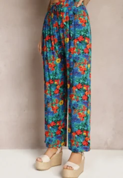 Niebiesko-Pomarańczowe Wiskozowe Spodnie z Prostą Nogawką High Waist w Kwiatowy Wzór Zaranima