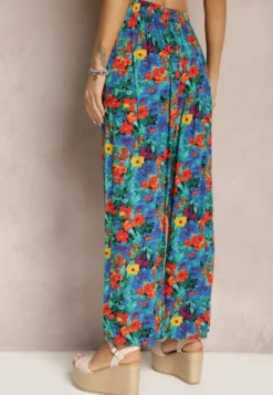 Niebiesko-Pomarańczowe Wiskozowe Spodnie z Prostą Nogawką High Waist w Kwiatowy Wzór Zaranima