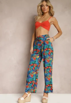 Niebiesko-Pomarańczowe Wiskozowe Spodnie z Prostą Nogawką High Waist w Kwiatowy Wzór Zaranima