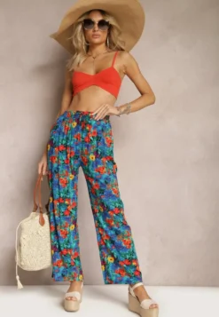 Niebiesko-Pomarańczowe Wiskozowe Spodnie z Prostą Nogawką High Waist w Kwiatowy Wzór Zaranima