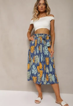 Niebiesko-Żółte Spodnie Szwedy z Bawełną High Waist Wykończone Gumką w Talii Pasefia