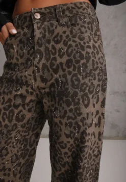 Panterkowe Jeansy Regular z Bawełny Ozdobione Cyrkoniami w Print Leopard Ethi