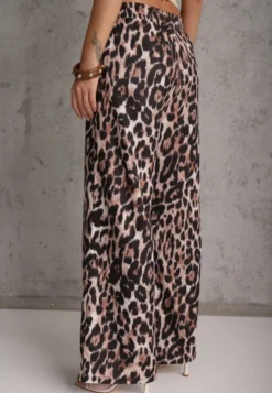 Panterkowe Spodnie High Waist Wide Leg z Koronkowym Wiązaniem w Talii Leanta