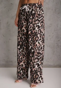 Panterkowe Spodnie High Waist Wide Leg z Koronkowym Wiązaniem w Talii Leanta