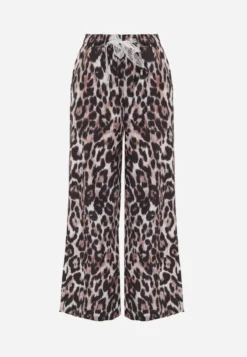 Panterkowe Spodnie High Waist Wide Leg z Koronkowym Wiązaniem w Talii Leanta