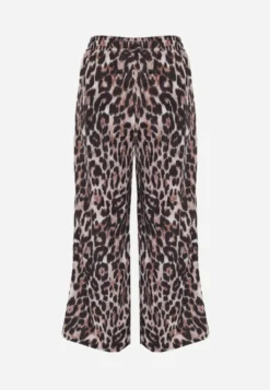Panterkowe Spodnie High Waist Wide Leg z Koronkowym Wiązaniem w Talii Leanta