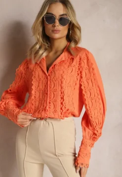 Pomarańczowa Ażurowa Koszula z Elegancką Stójką Manuella