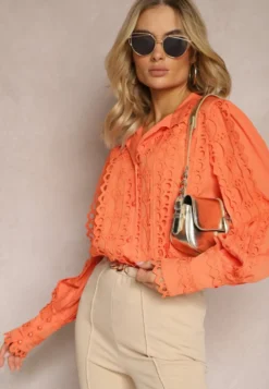 Pomarańczowa Ażurowa Koszula z Elegancką Stójką Manuella