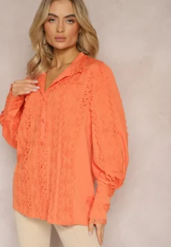 Pomarańczowa Ażurowa Koszula z Elegancką Stójką Manuella