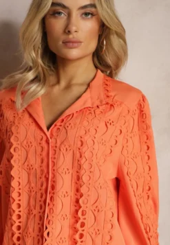 Pomarańczowa Ażurowa Koszula z Elegancką Stójką Manuella