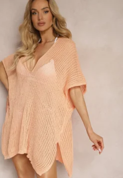 Pomarańczowa Bluzka Narzutka Oversize o Długim Kroju z Dekoltem w Serek Cota