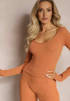 Pomarańczowa Dopasowana Bluzka w Prążki o Krótkim Kroju Elowenia